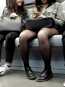 Beauty Legs With Black Stockings (Teen) Candid Pantyhose