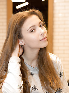 Long-Legged And Brown-Haired Teen Stunner Eating Strawberry Nake