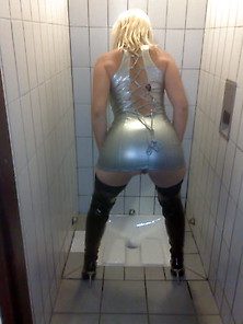 Fetish Bitch Silver Mini Dress Thig High Boots