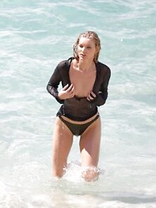 Elsa Hosk See Thru & Nip Slip At A Photo Shoot In St.  Barts