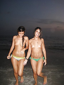 Three Teens Flashing Their Bits On A Beach