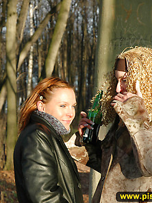 Two Girls Outdoor Pissing On Stone Columns